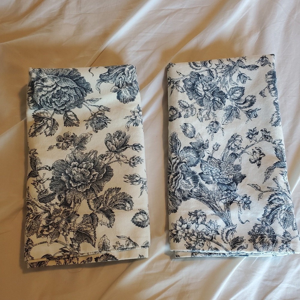 Vintage Navy Blue Floral Toile Cotton Square Pillow Shams Set of 2 Made in USA